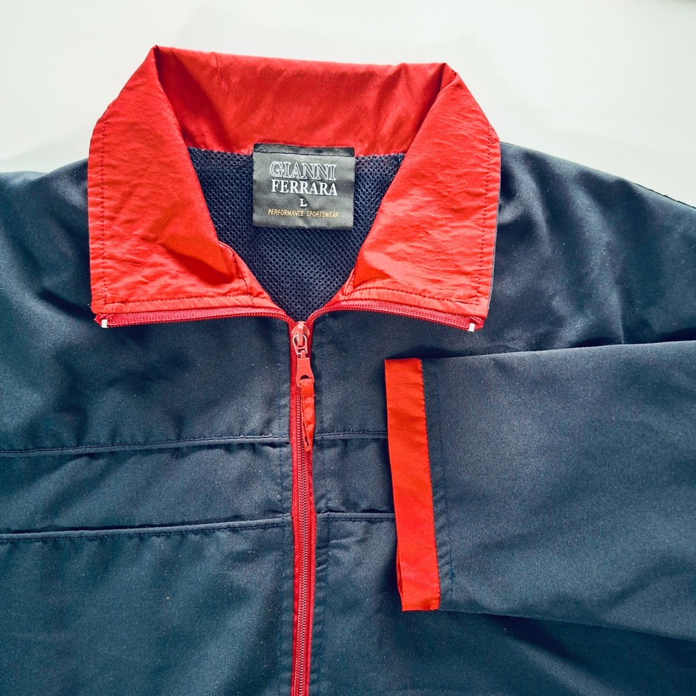 Mens L Navy Red Full Zip Jacket Lightweight Windbreaker Sporty Coat Colorblock - Picture 3 of 7